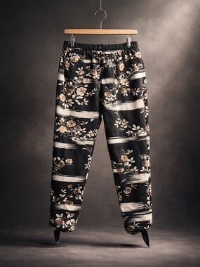 Anthropology chocolate/cream Floral-Striped tie at ankle Fun Pants. Side pockets